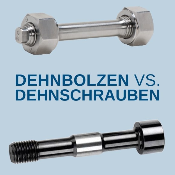 Dehnschraube und Dehnbolzen nach DIN 2510 nebeneinander im technischen Vergleich – hochwertige Verbindungselemente für höchste Belastungen.